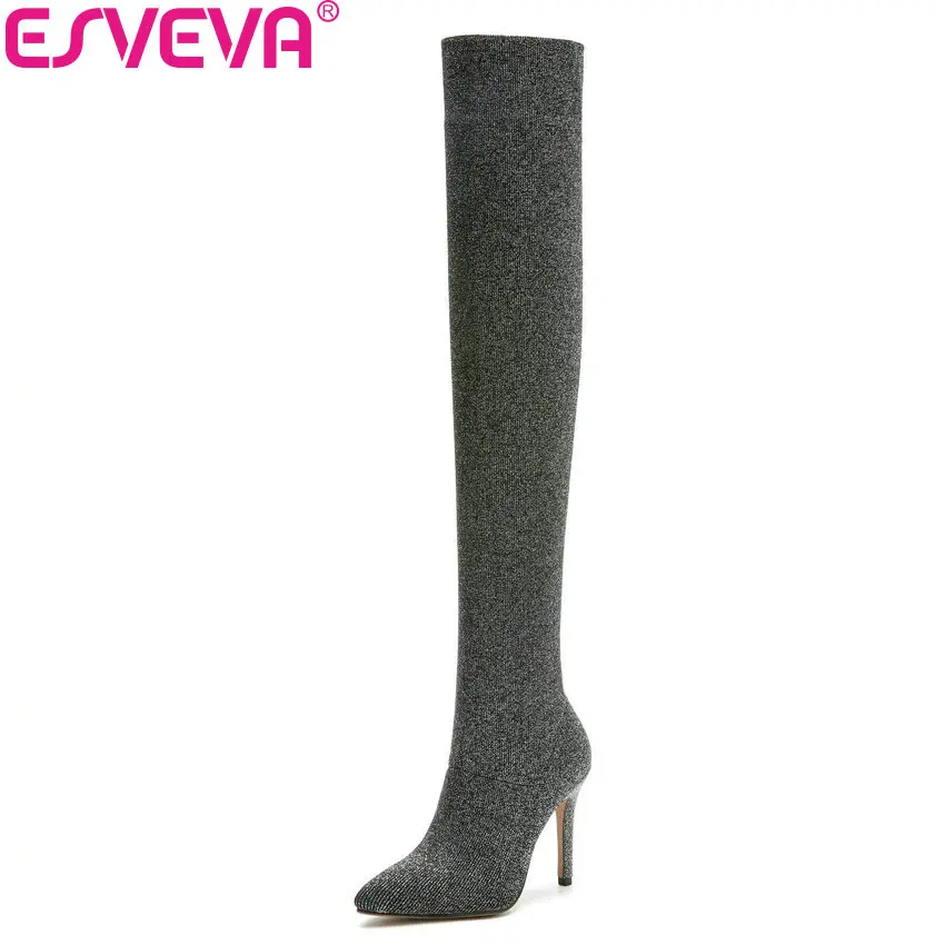

ESVEVA 2018 Women Boots Slim Look Thin High Heels Autumn Shoes Over The Knee Boots Sexy Pointed Toe Ladies Boots Size 34-41