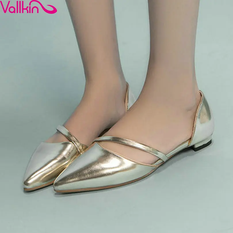 

VALLKIN 2017 Women Pumps Simple and Fashion Style Square Low Heel Slip on Pointed Toe Patent Leather Ladies Shoes Size 34-43
