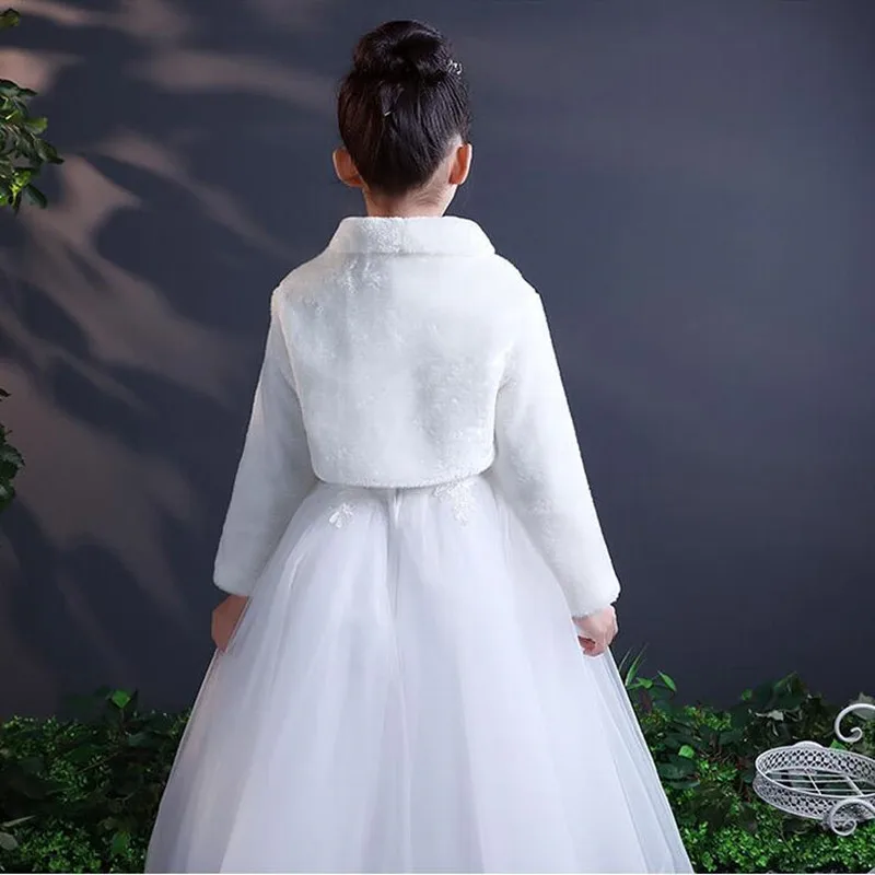 Long Faux Fur Children Shawl Jacket Wrap Shrug Bolero Coat For Kids Little Girl with Long Sleeves Winter White Black
