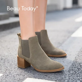 

BeauToday Chelsea Boots Women Cow Suede Pointed Toe Chunky Heel Elastic Ladies Ankle Boots Handmade A03324