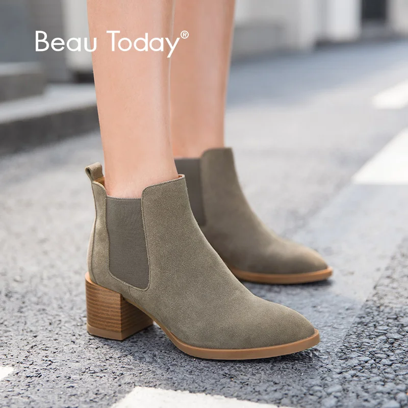 Ботинки Челси BeauToday женские из коровьей замши с острым носком на массивном