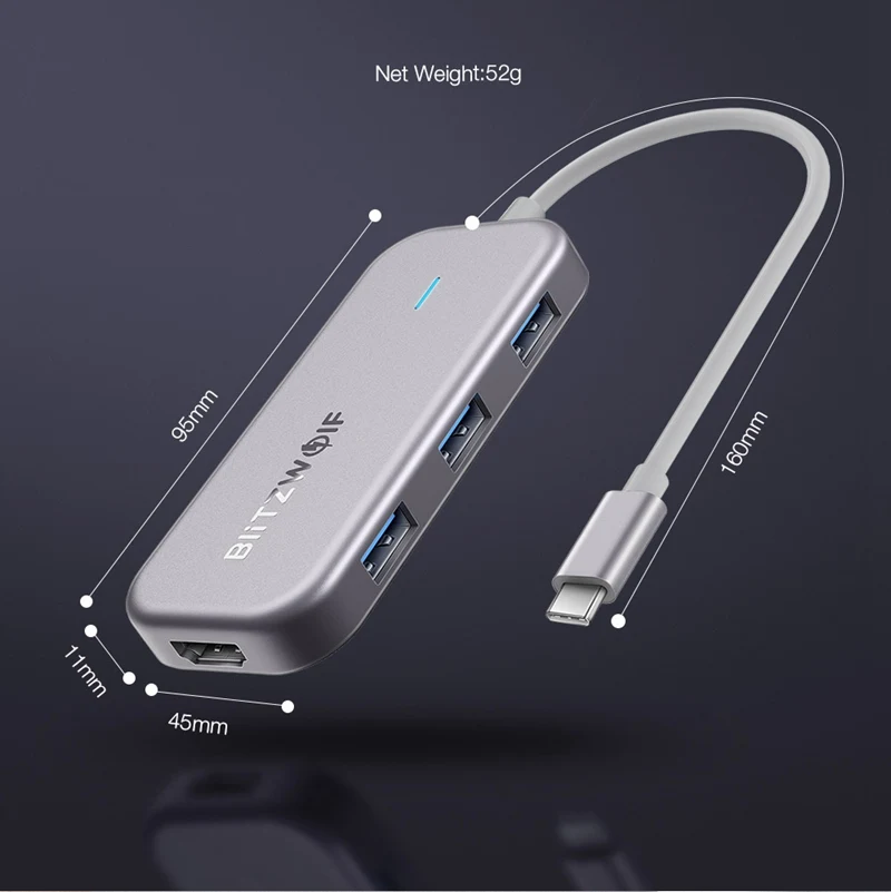 BlitzWolf BW-TH5 7 в 1 USB-C концентратор данных с 3 портами USB 3,0 TF кард-ридер USB-C PD Зарядка 4K дисплей для MacBooks для iPad