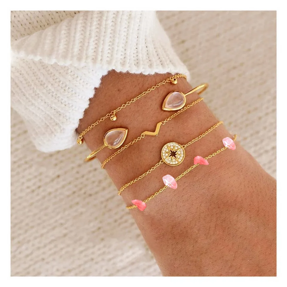 

2019 New Fashion Boho 5Pcs/Set Opal Bracelet & Bangle Gold Color Chain Multi-layer Braclet for Girls Birthday Gifts Jewelry