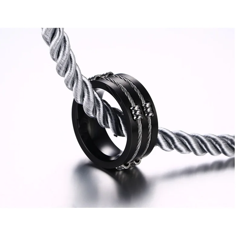 Vnox Men's Black Ring Stainless Steel Cool Wire Rings For Male Boy Punk Rock