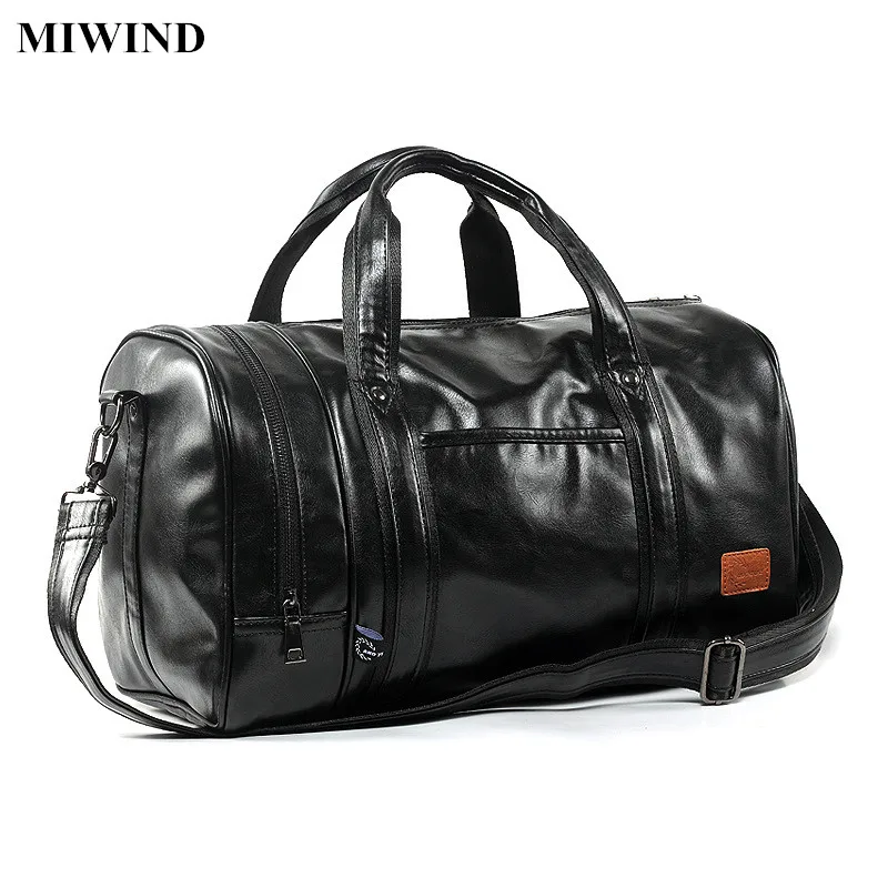 MIWIND Mens Cylinder PU Leather Travel Bags Waterproof Luggage Vintage Duffle Bag Large Capacity ...