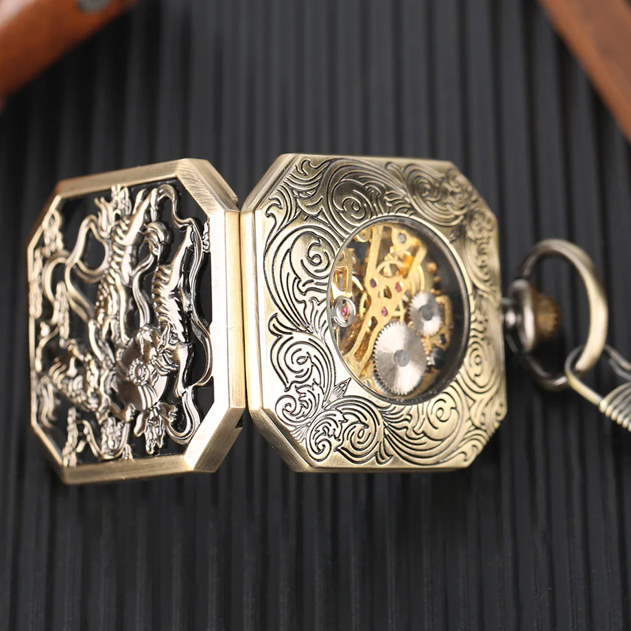 Top Pocket Watch Bronze Vintage Half Hunter Red Roman Numbers Double Tiger Pattern Mechanical Hand Wind Fob Clock For Men Women (6)