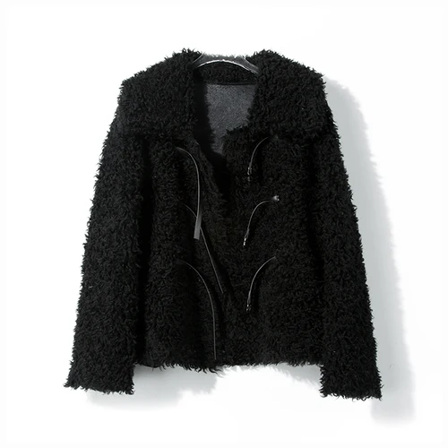 Шерстяная куртка из овечьей шерсти женская меховая подкладка из искусственной замши пальто Зимняя Толстая теплая rf1901 - Цвет: Черный