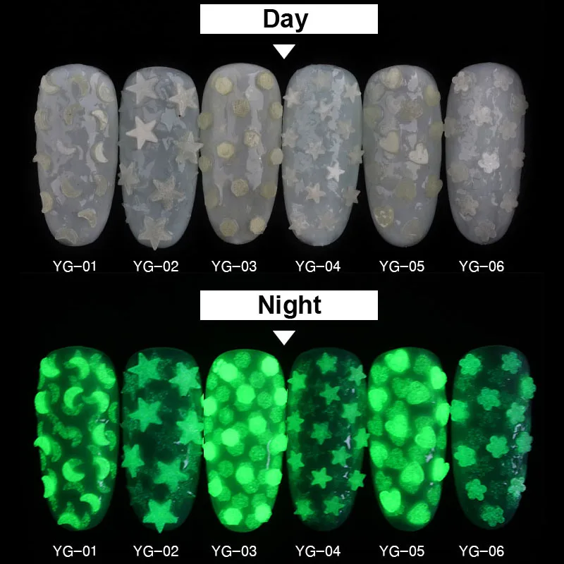 1 коробка флуоресцентные светящиеся Блестки для нейл Арта(искусство украшения ногтей) Сердце Звезда круглый ультра-тонкий ногтей блеск хлопья порошок светится в темноте
