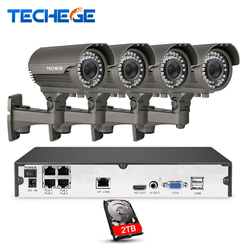 

Techege 4CH H.265 PoE NVR 2560*1440 25fps 2.8-12mm Manual lens 4pcs 4.0MP IP Camera POE System Night Vision Video CCTV System