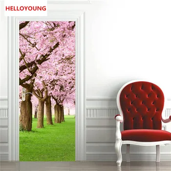 

QT-0298 Cherry Blossom Tree Imitation 3D Door Stickers 2pcs/set DIY Mural Bedroom Home Decorative PVC Waterproof Wall Stickers