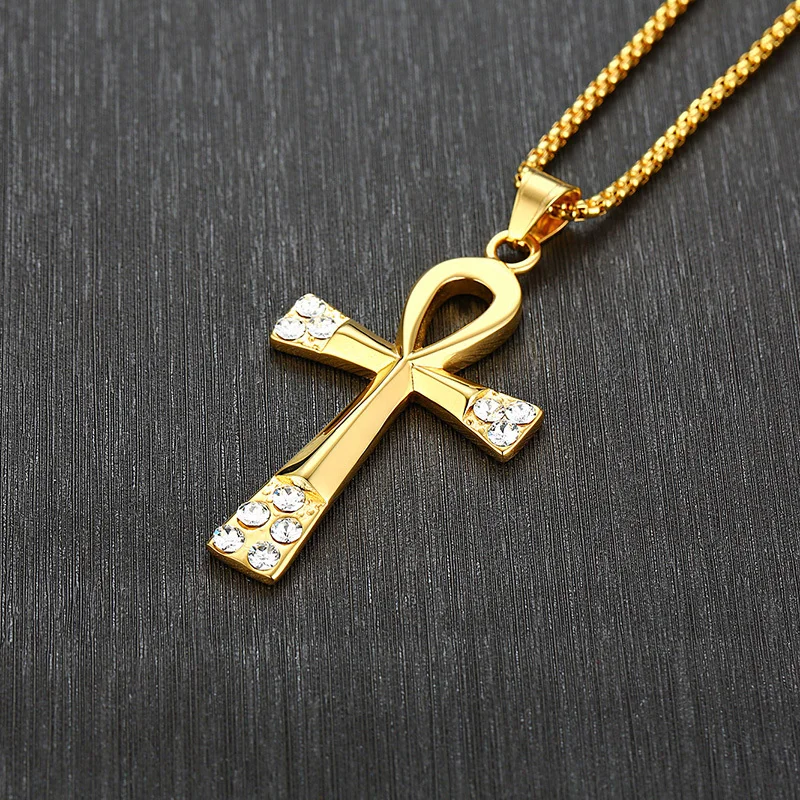 Мужской Ankh крест ожерелье со льдом циркон золото цвет нержавеющая сталь CZ Египетский ключ жизни кулон Панк хоп дропшиппинг