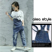 Детские джинсы джинсовые комбинезоны для девочек комбинезоны для детей Брюки Джинсы Overoles Дети весна отверстие комбинезоны одежда От 3 до 14 лет