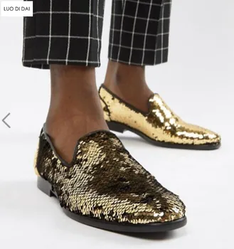 

2019 New fashion Men party loafers men wedding shoes slip on gold sequin casual shoes bling bling flat heel shoes