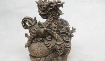 

zm 9"Chinese Folk Pure Bronze excellent Lucky Money drawing Kylin Statue