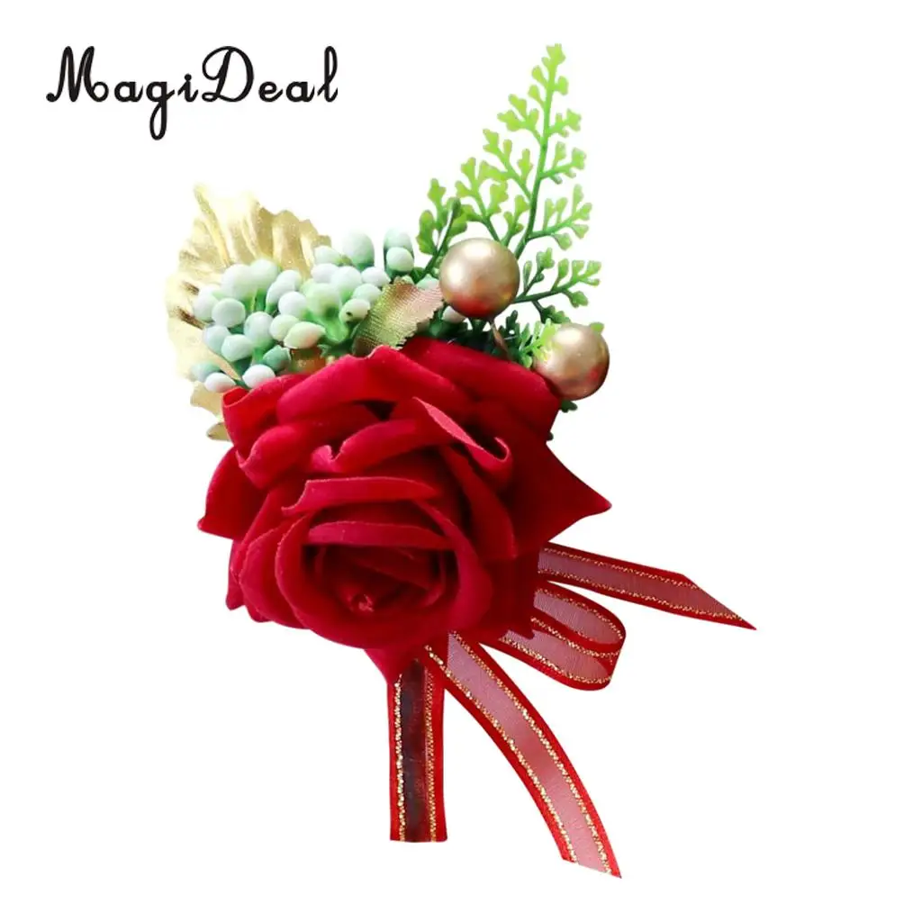 Romantic Artificial Rose Flower Pearls Wedding Corsage Boutonniere for Bridal Groom Fancy Dress