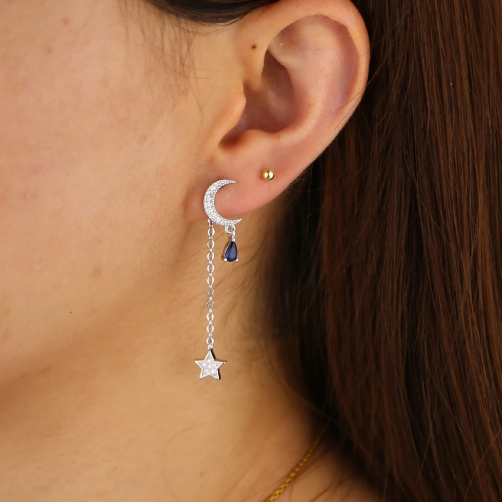 

2019 new design moon star white CZ tassel charm chain earring jewelry with sapphires cz stone drop charm dangle earrings
