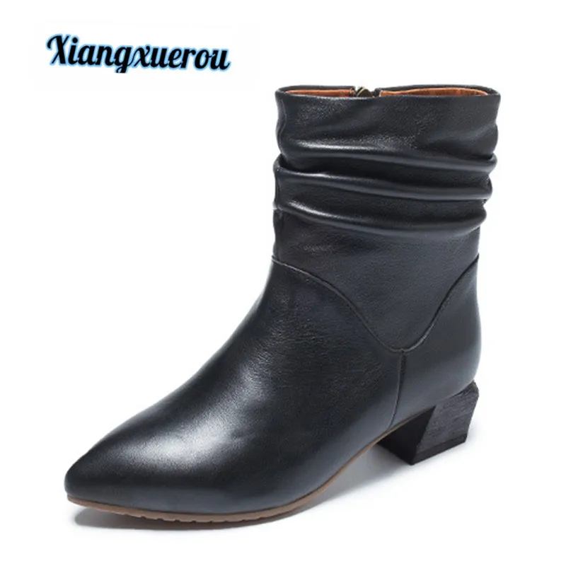 

Xiangxuerou New autumn/winter 2018 pointed ruffled top layer cowhide boots