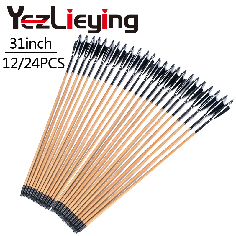 

6/12/24pcs Archery Compound bow Handmade Wooden Arrows Fit 25-70lbs Recurve/Compound bow Hunting Archery Shooting