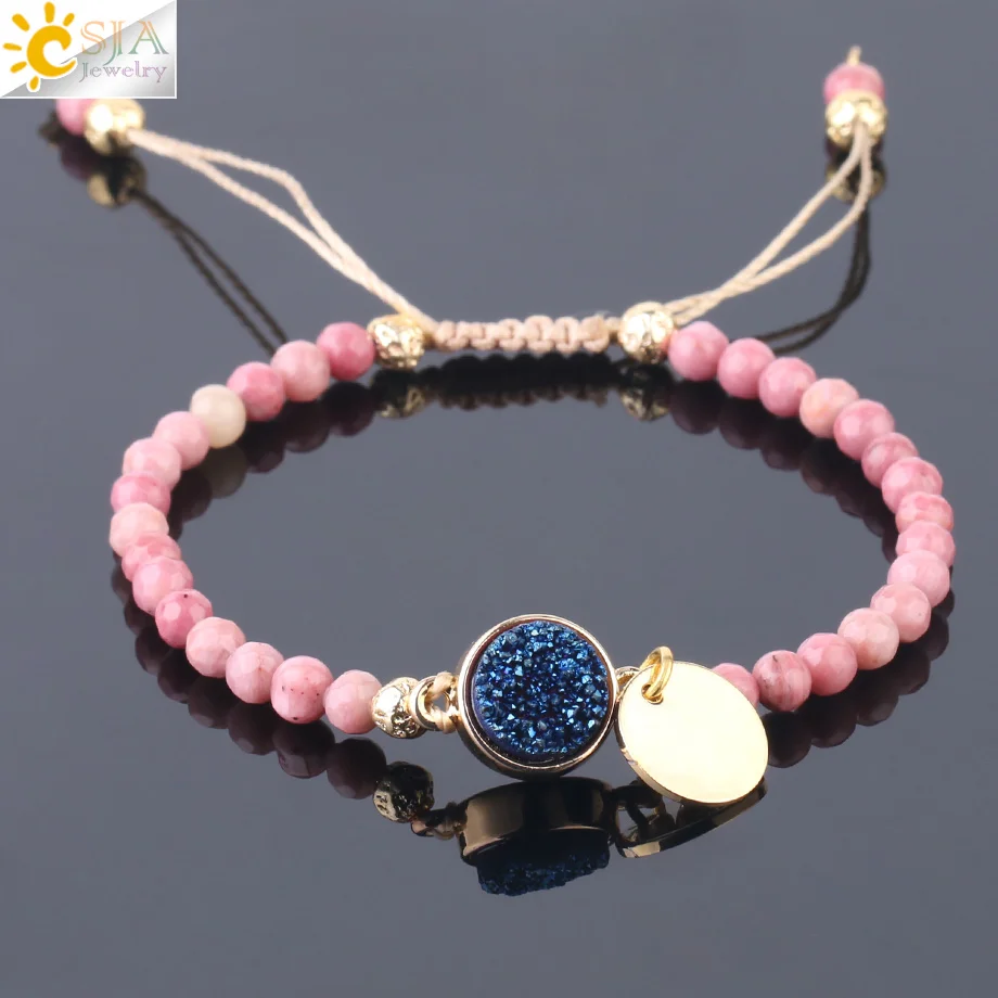 

CSJA 4mm Line Rhodonite Weave Bracelet Natural Stone Gold Color Tag Bracelets Geode Druzy Quartz Mini Bead Women Men Bangle F748