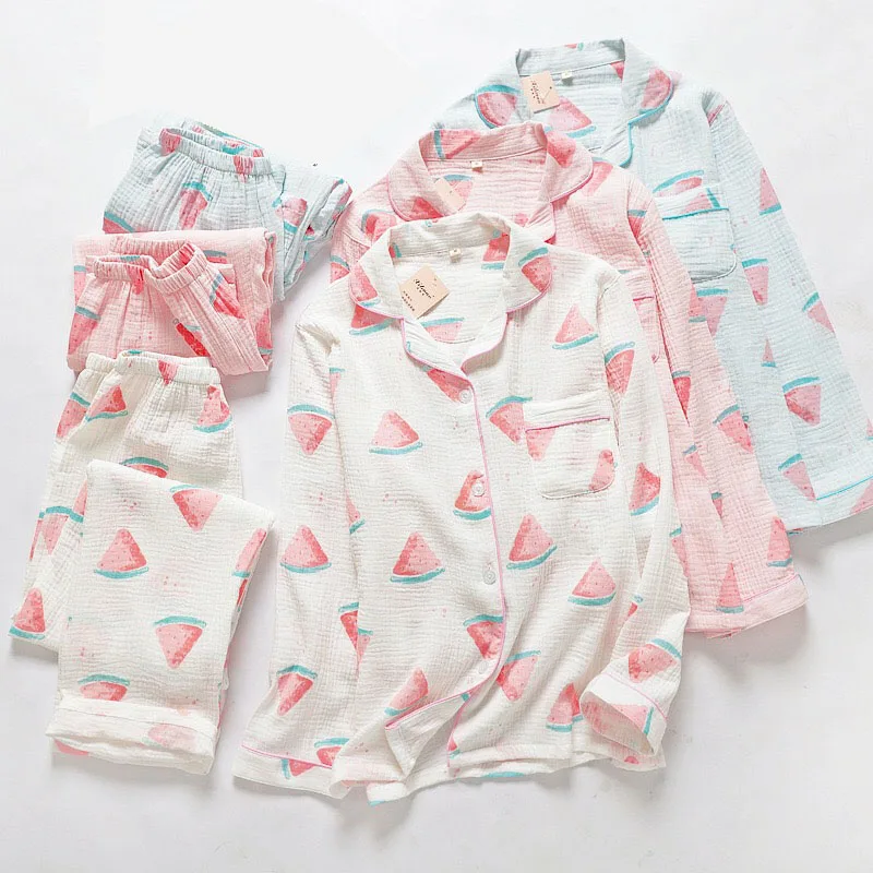 

Spring And Summer New Ladies Pajama Set Ins Fresh Style Women Sleepwear Cartoon Watermelon Printed Comfort Gauze Cotton Homewear