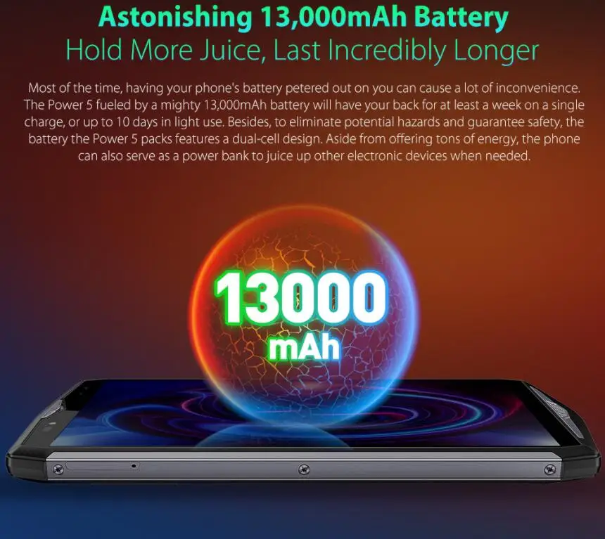 Ulefone power 5 6 ГБ 64 13000 мА/ч Беспроводная зарядка Восьмиядерный процессор MT6763 0 дюйма FHD