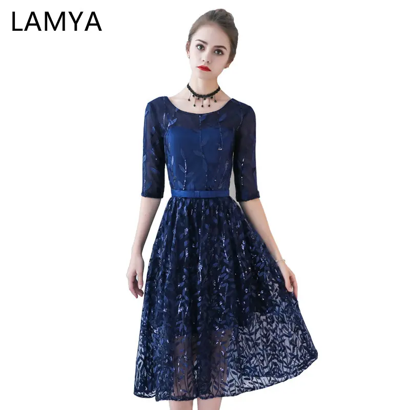 

LAMYA Vintage Short Blue Prom Dresses With Half Sleeve 2019 A Line Banquet Evening Dress Women Sequined Formal Gown Party Gown