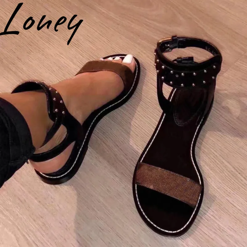 

Loney New Luxury Quality Genuine Leather Metal Studded Summer Sandals Open Toe Buckle Strap Flats Sandals Shoes Women