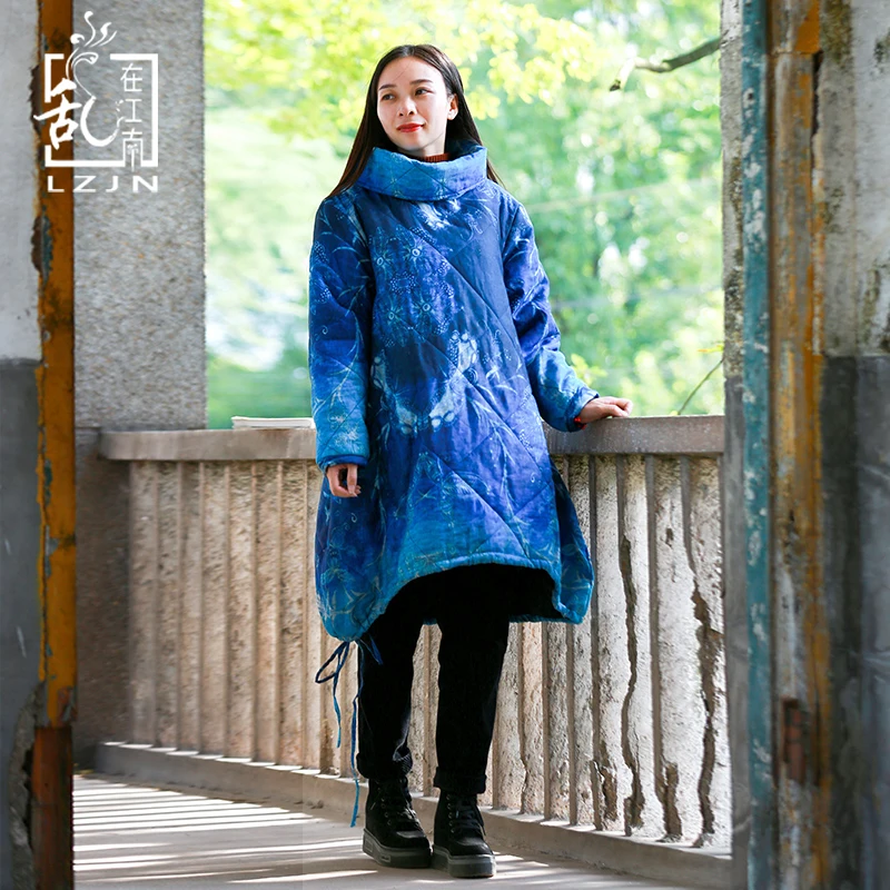 

LZJN Women Winter Jacket Long Padding Polyester Parka Turtleneck Blue Floral Quilted Coat Korean Style Warm Outerwear Drawstring