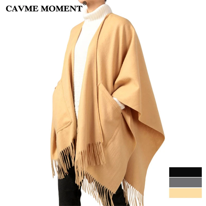 

CAVME 100% Wool Solid Color Poncho with Pockets Women Wearing Scarves for Ladies Beige Black Gray Wraps Shawls 160*120cm 415g