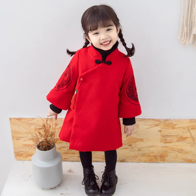 

New Girl Dress for Autumn Winter Chinese Style Solid Red with Embroider Decor Thicken Warm Design Children Clothes Wedding Party