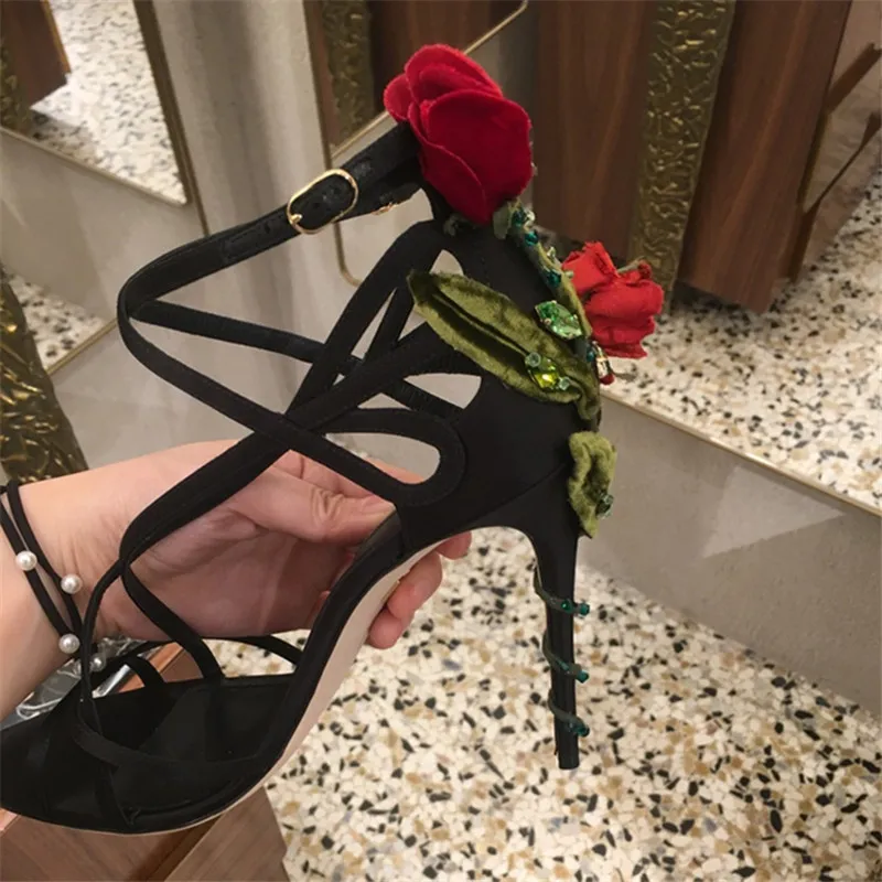Rosa Flor Las Negro abrigo Personalizado rosy Diamantes Sandalias Tobillo De rojo Lujo Atado Mujeres Hebilla Zapatos Red Cruz Boda Tacón qRpBY0w