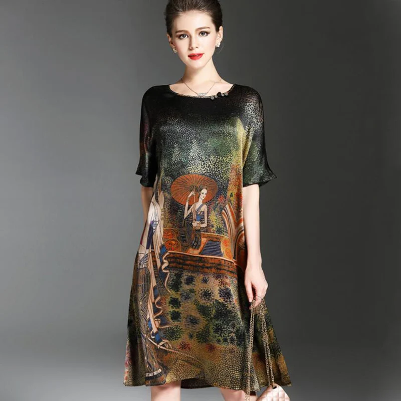 Vintage Ethnic Painting Design Dress Women Summer Half Sleeve Soft Silk Dresses Elegant Woman Brand Vestidos O-Neck Plus Size