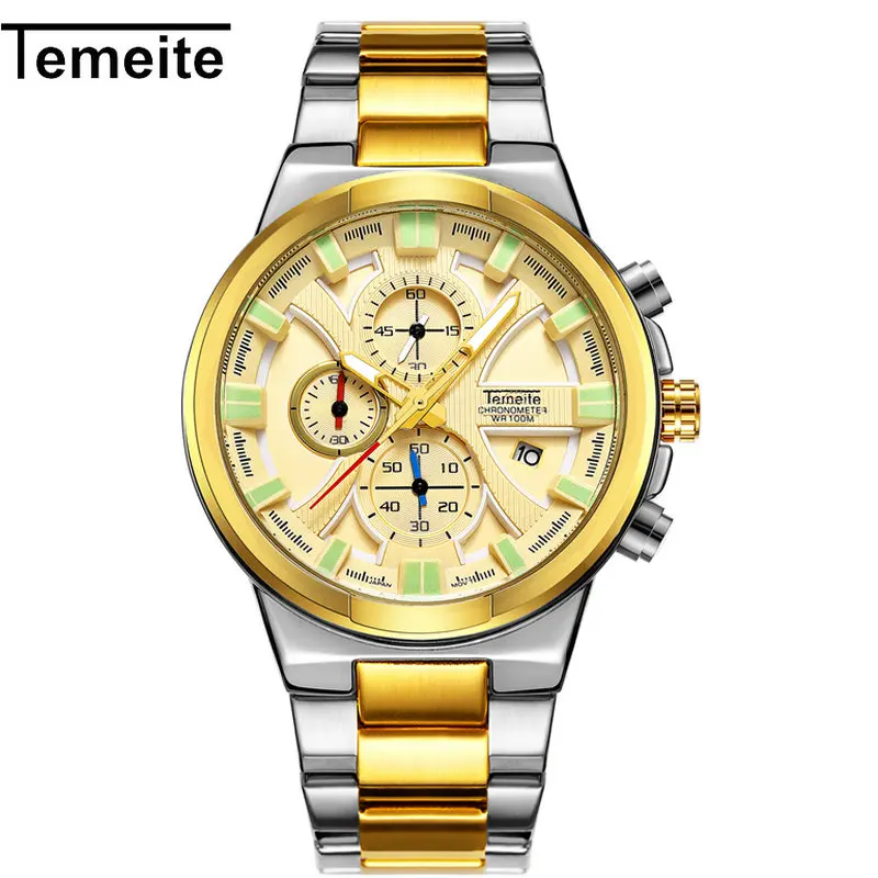 

TEMEITE Golden Quartz Mens Watches Top Brand Luxury Chronograph 3 Sub-dials 6 Hands Date Oversize Fashion Calendar Wrist Watch