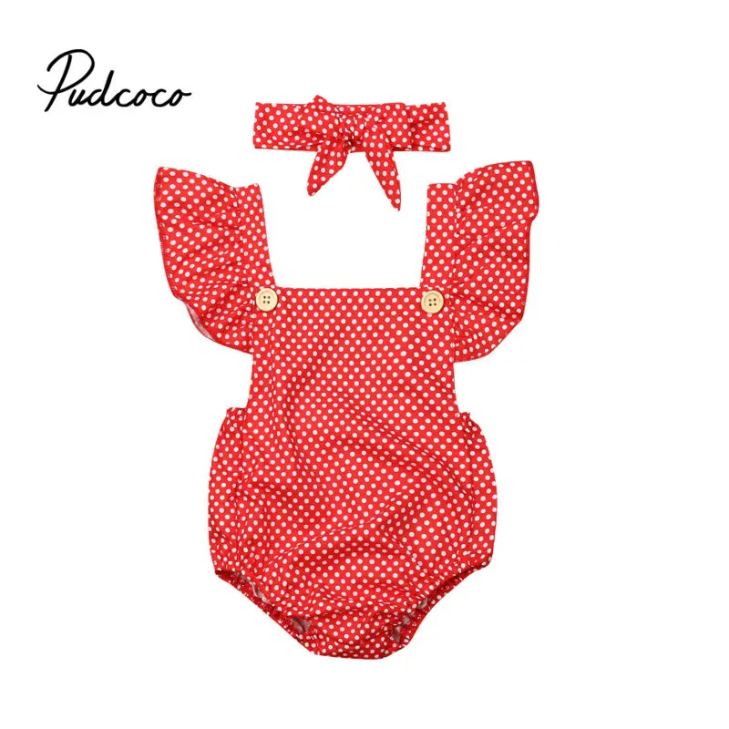 

pudcoco 2019 Baby Girl Clothes Newborn For Female Outfit Infant Clothing Set Solid Blue Dot Red Romper +Headband 2Pcs Fly Sleeve