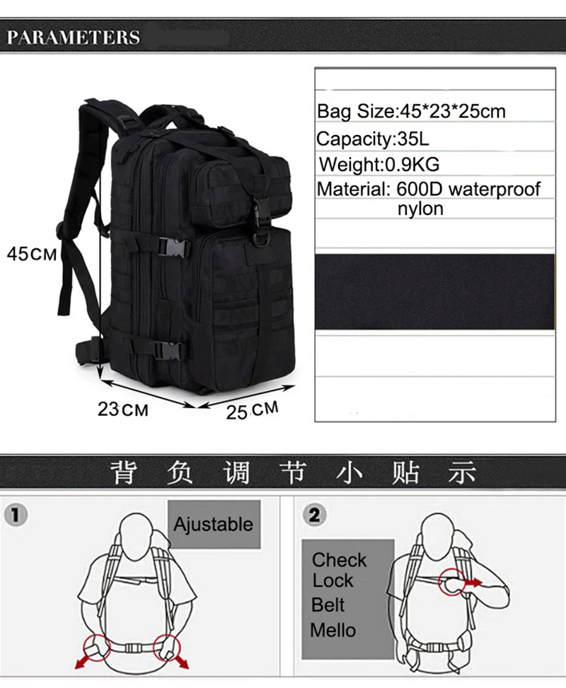 600D Waterproof Military Tactical Assault Molle Pack 35L Sling Backpack Army Rucksack Bag for Outdoor Hiking Camping Hunting (23)