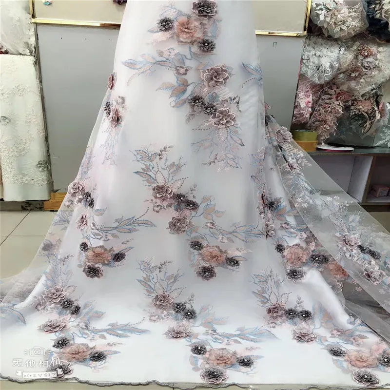 Green Wedding Dress Lace Fabric 3d Chiffon Flowers Nail Stones
