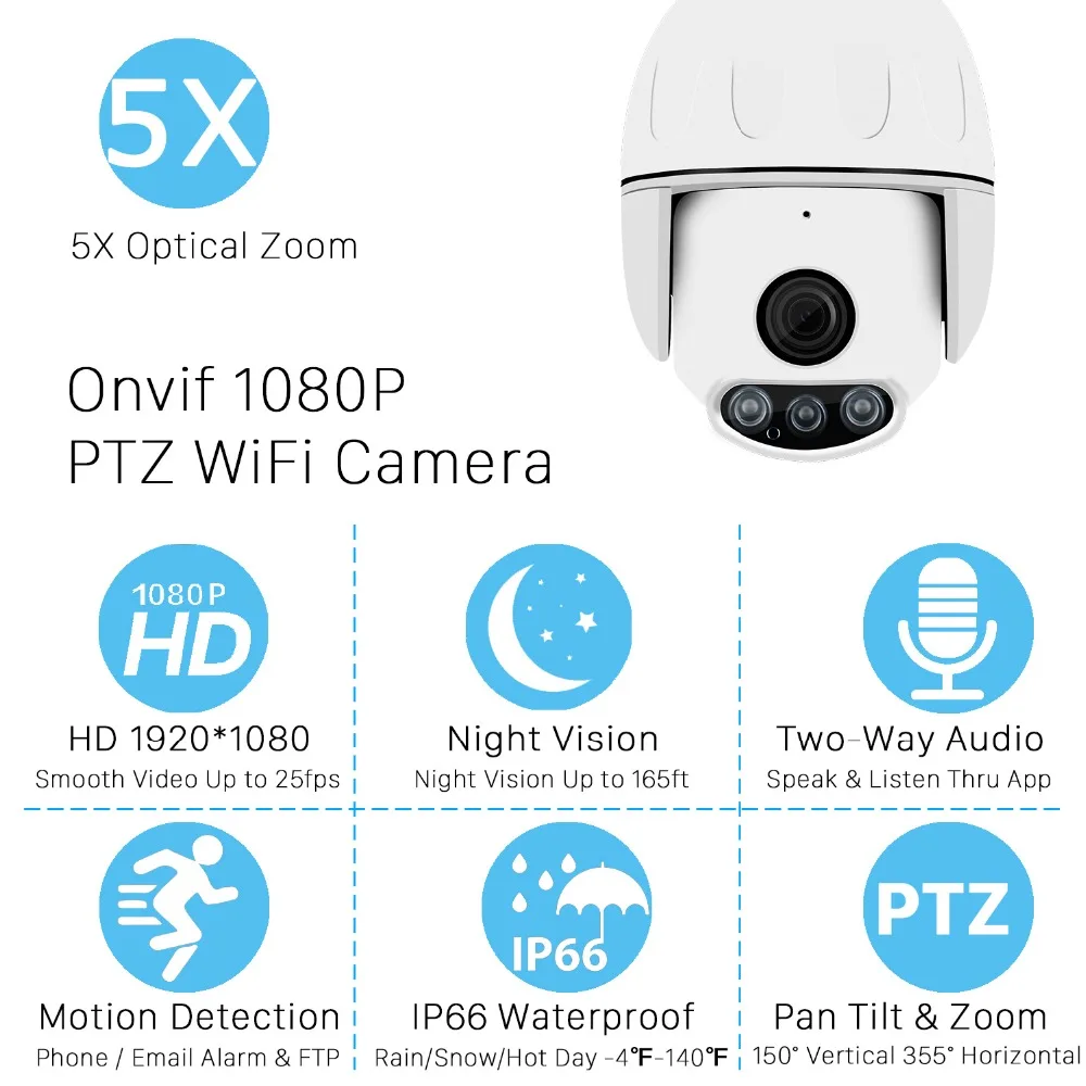 1080P Wifi PTZ ip-камера двухсторонняя аудио 5X оптический зум Автофокус Объектив 2MP Беспроводная CCTV ip-камера Открытый P2P Onvif CamHi App