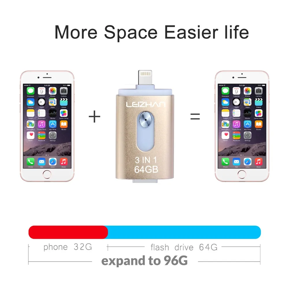 USB флеш накопитель LEIZHAN с разъемом lightning Micro 3 0 для iPhone металлический 64 ГБ 32 128 Android