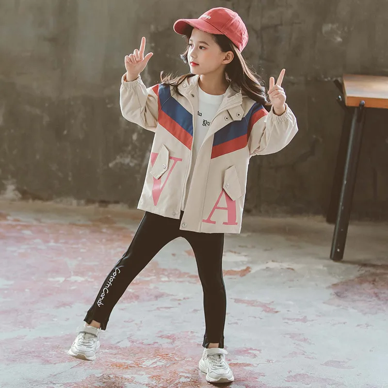

New Children Jacket Autumn Kids Letter Printing Windbreaker for Girls Clothes Teenage Jackets for Girls Fall Coats Hooded Coat