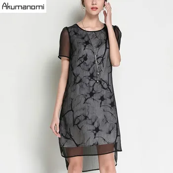 

Dress Fashion Chinese Style Ink Painting Dyeing Gauze Short Sleeved Asymmetric Hem Summer Dress Plus Size 5XL 4XL XXXL XXL XL L