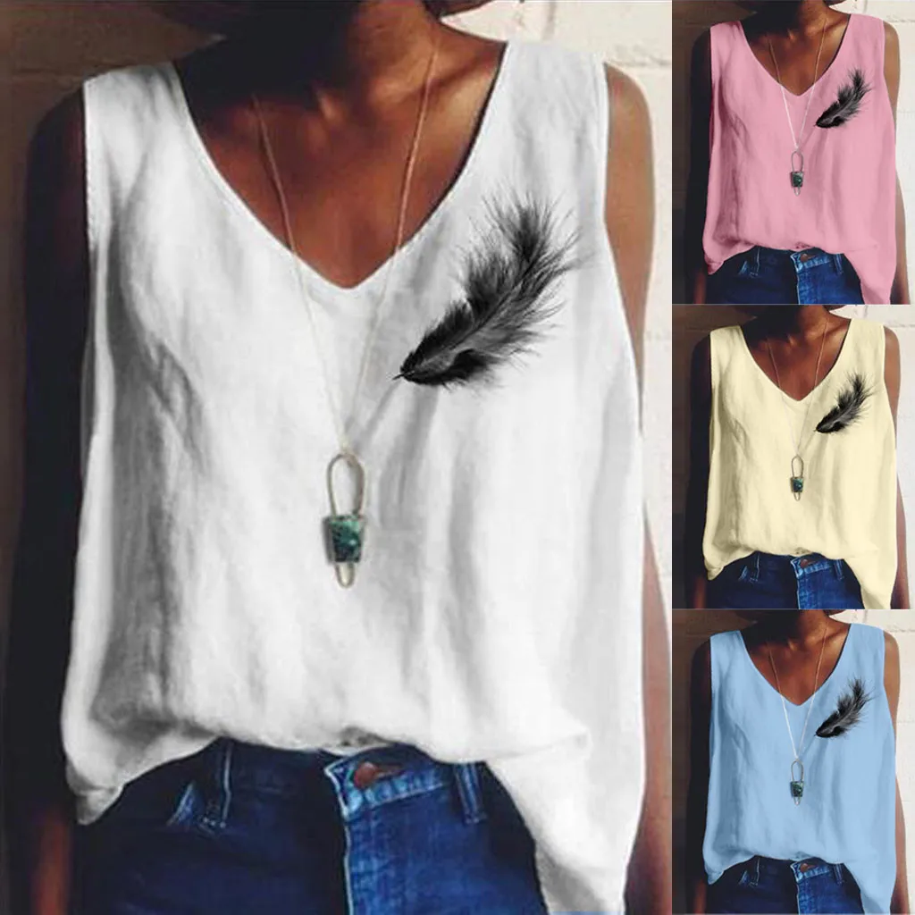

Large size female Blouse shirt 2019 Summer feather print Tunic vest sleeveless shirt loose casual women's 2xl plus size Clothing