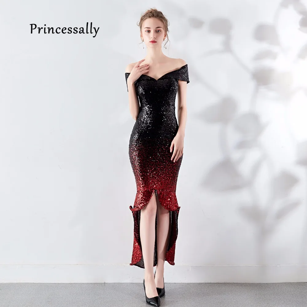 

New Evening Dress Sequined Front Short Rear Length Sexy Boat Neck Formal Prom Gown Vestidos De Fiesta De Noche Largos Elegantes