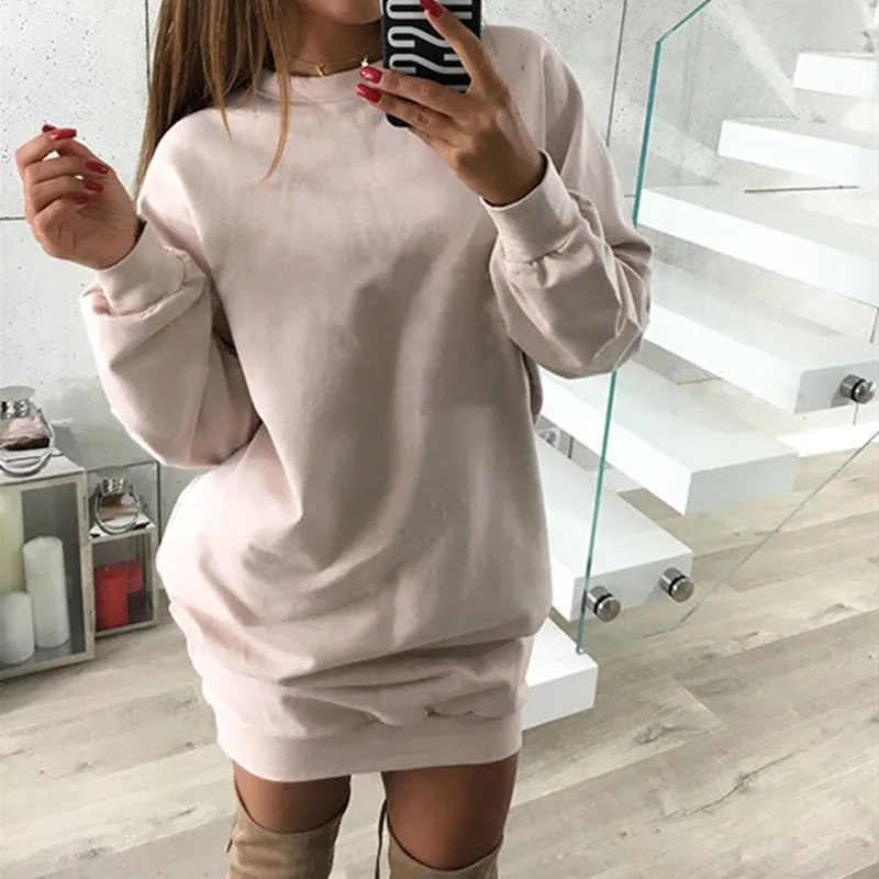 

Warm Autumn Winter fleece Dresses Long Sleeved Casual Mini Dress Sportwear loose Sweatshirts Dress
