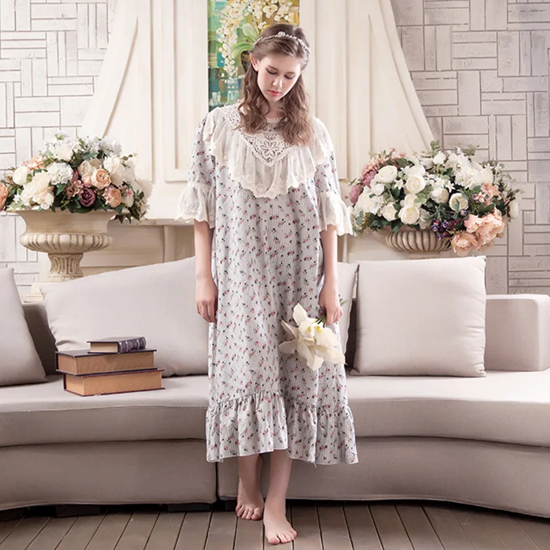 

2019 New Vintage Princess Fashion Floral Lady Sleepwear Women's Cotton Nightgown Sweet Lace Nightdress Women Pyjamas Nightshirt