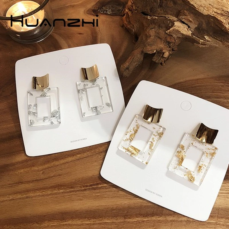 

HUANZHI 2019 Gold Foil Luxury Rectangle Hollow Golden Geometric Transparent Elegant Drop Earrings for Women Party Holiday Girl