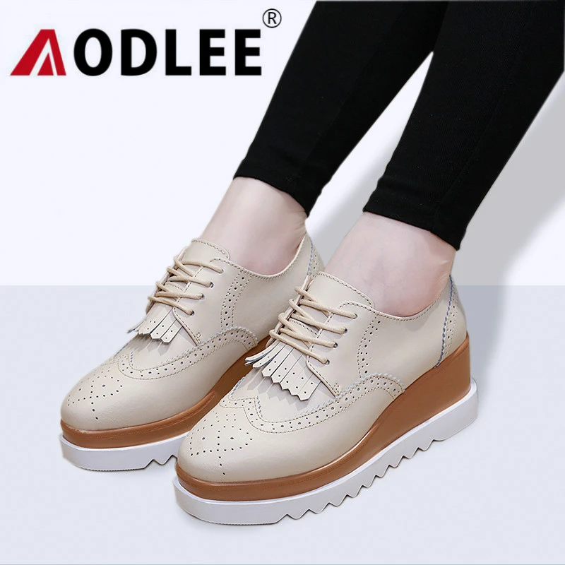 AODLEE moda kadın Oxfords Flats Platform ayakkabılar hakiki deri saçak Lace  Up Brogue ayakkabı marka sürüngen topuklu bayan ayakkabıları|Kadın Topuksuz  Ayakkabı| - AliExpress