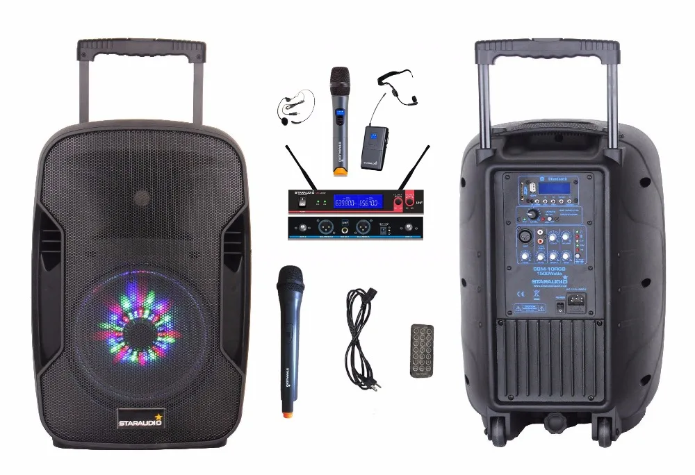 

STARAUDIO 1500W 10" Pro PA DJ Active BT USB SD MP3 Stage Club Recharge Battery Speaker LED RGB Lighting W/2CH UHF Mic SBM-10RGB