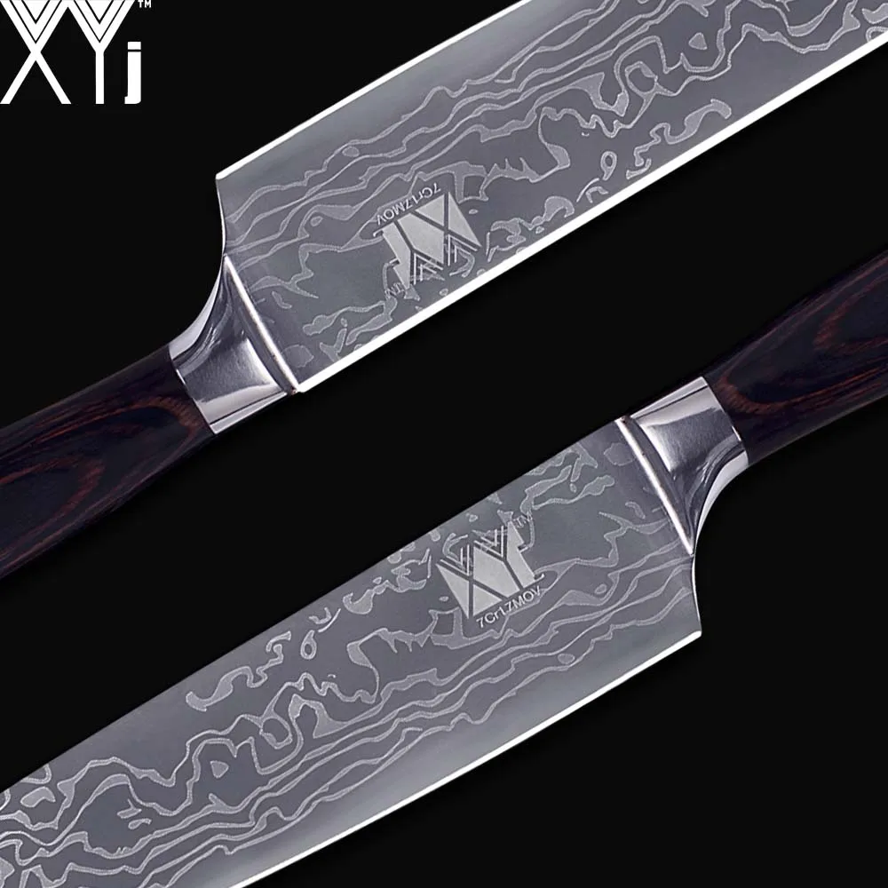 XYj 6 шт. набор кухонных ножей из нержавеющей стали, острый Высокоуглеродистый нож с красивым узором, цветные ножи с деревянной ручкой, кухонные инструменты