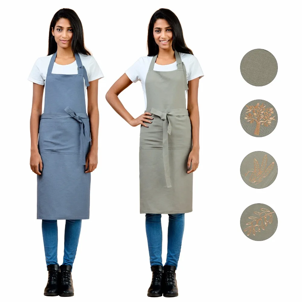 VEEYOO Solid & Embroidery Bib Apron with Pockets, Linen Viscose, Restaurant Home Kitchen Garden