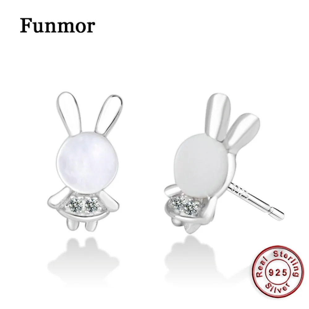 

FUNMOR Kawaii Natural Shell Rabbit Earring 925 Sterling Silver Figure Animal Stud Earrings For Women Girls Birthday Gift Brincos